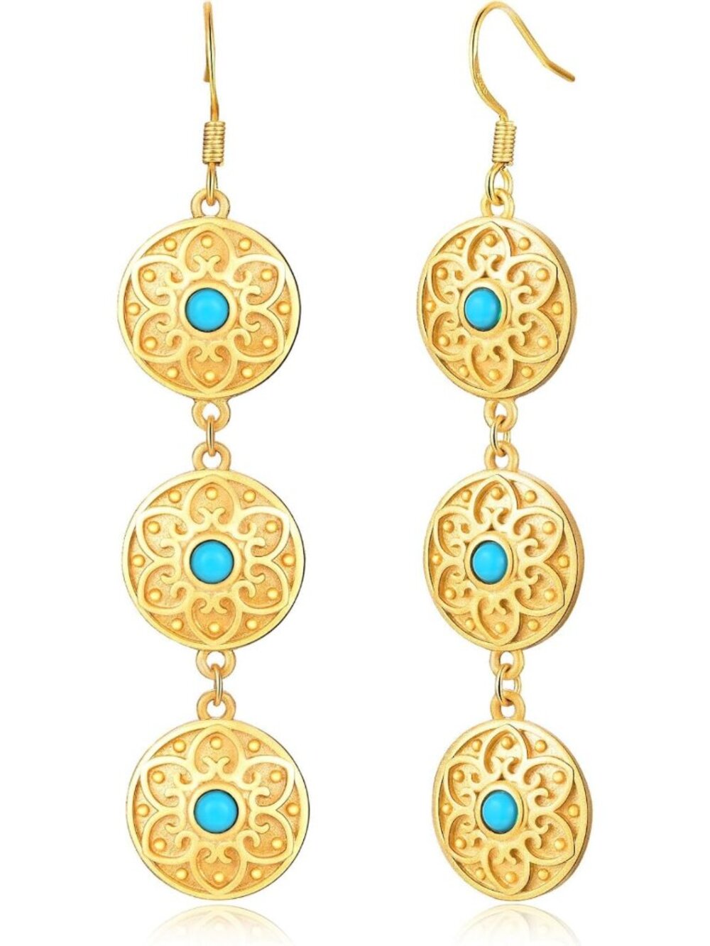 Bohemian Floral Gold Plated Turquoise Lapis Lazuli Drop Earrings, Retro Gift for